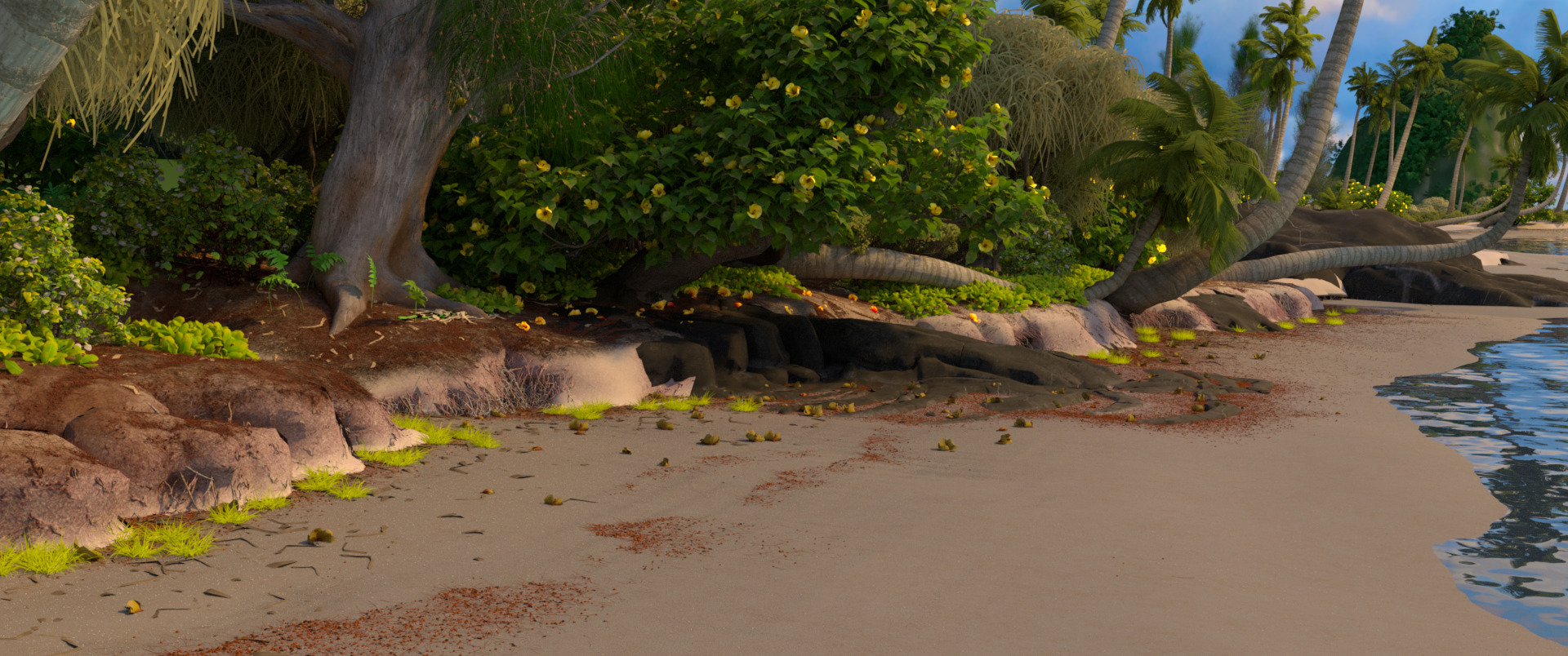 Moana Island beach view rendered with pbrt-v4